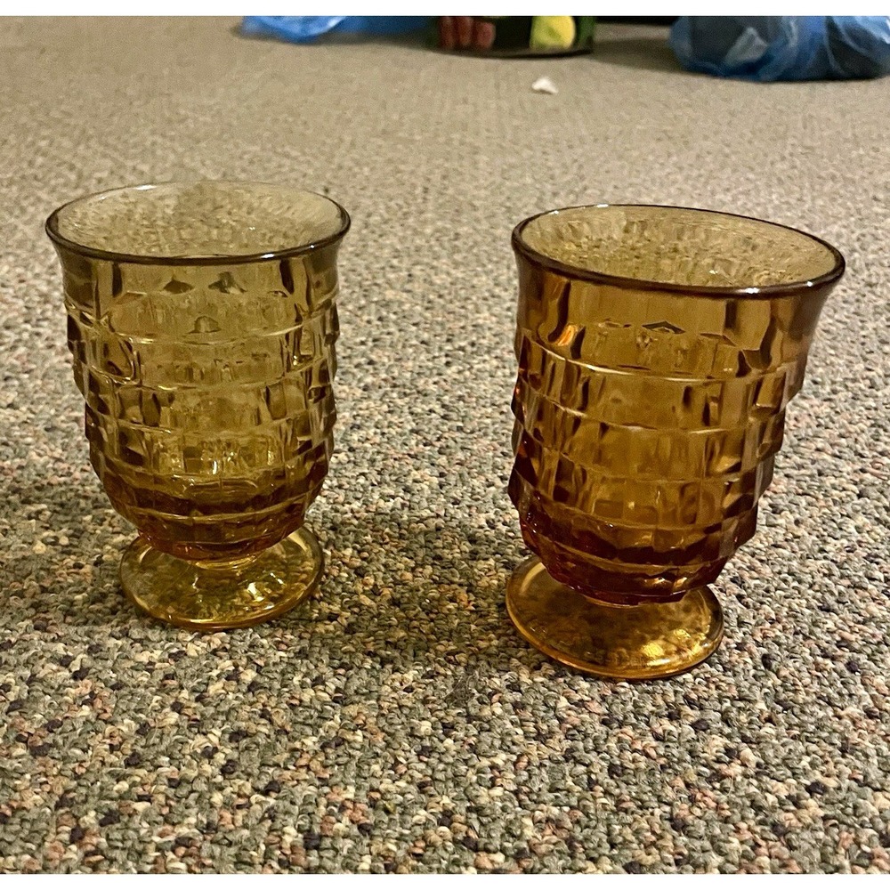 Set of 2 Vintage Indiana Glass Amber Whitehall Cubist Footed 8 oz Glasses